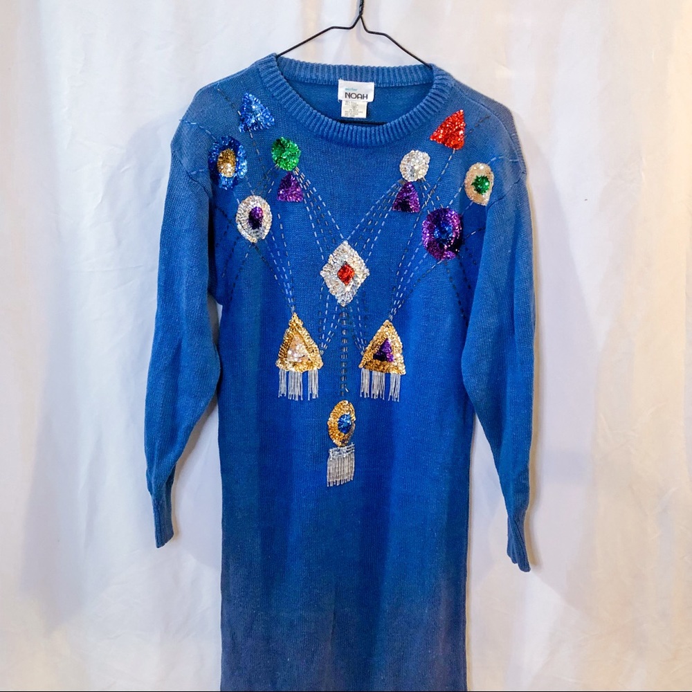 Vintage 80s Sequin Blue Sweater Dress - Picture 12 of 16